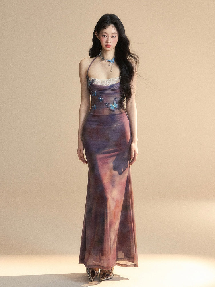 Accents Halter Purple Slip Dress Patches Butterfly Lace Neck Glamorous