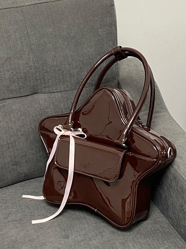 3-Way With Ribbon Bow Kawaii Glossy Black Star-Shaped Handbag