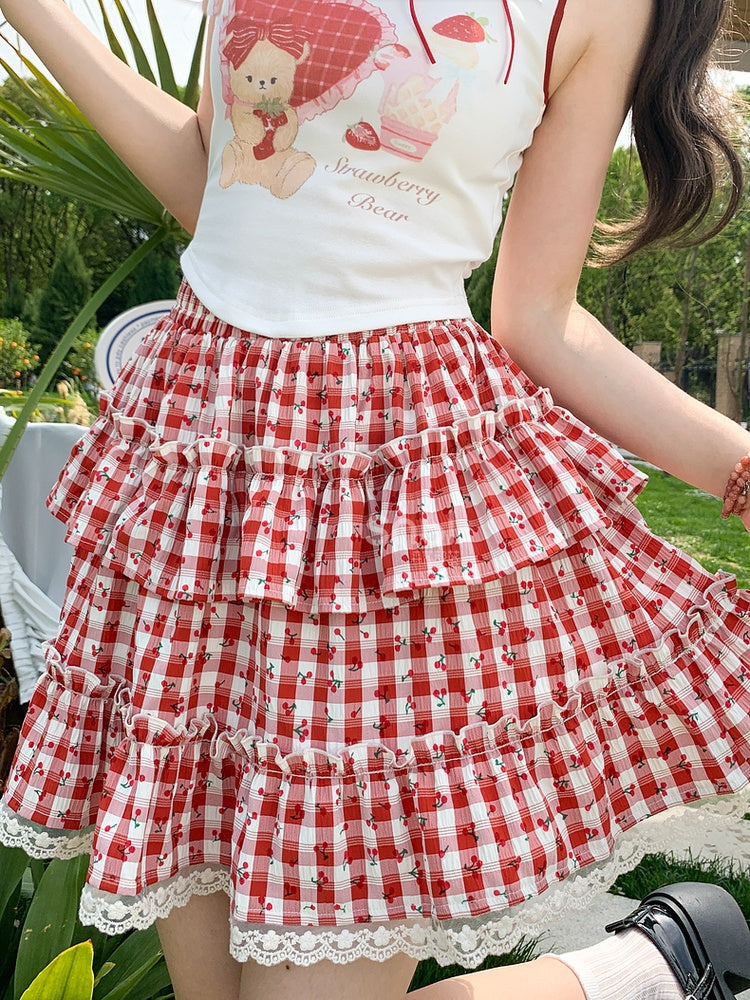 Sweet Plaid Tiered Skirt Trim Red Allover Cherry Print Lace