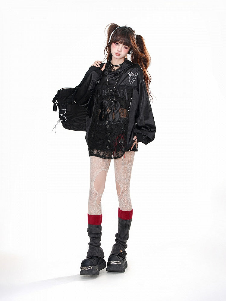 Black/White Bowknot Embroidery Contrast Lace Patches Loose Hoodie