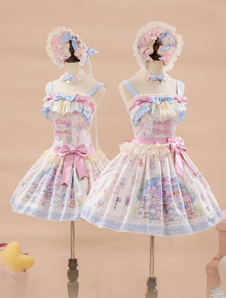 Spitzen-Choker mit blau-beigen und rosa Schleifen