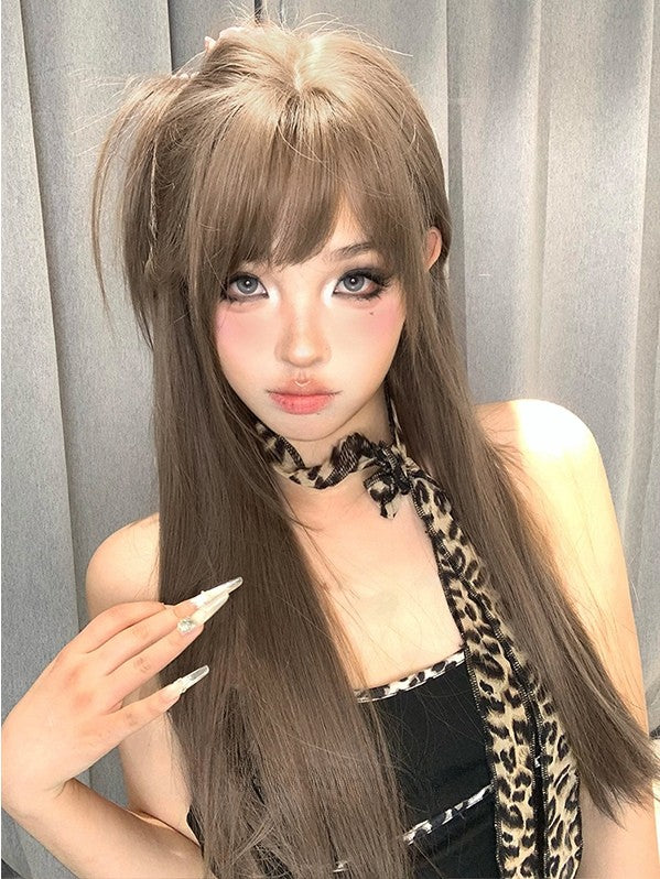 Wig With 70CM Air Bangs Brown Straight Length