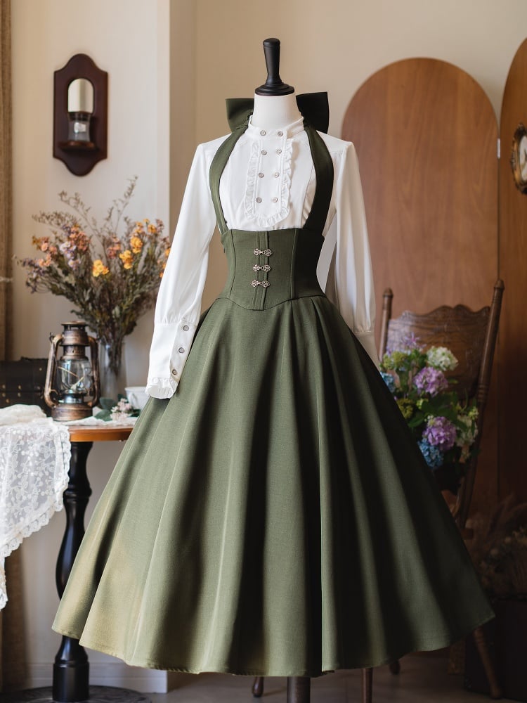 Green Long Version Vintage Boned Corset Belt High Waist Skirt with Detachable Halter Strap