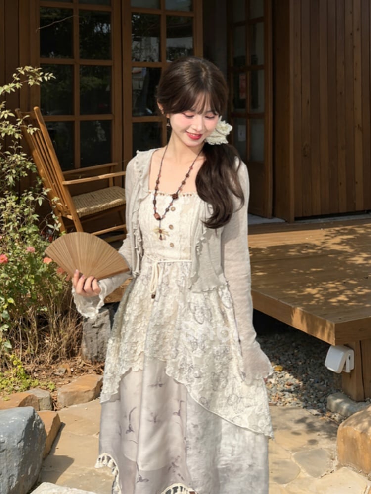 Ruffle Trim Open Placket Cardigan Grey