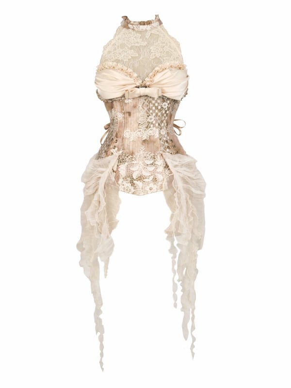 Neck Rococo Top Accents Cascading Detachable Illusion Ruffle Halter Corset with Lace