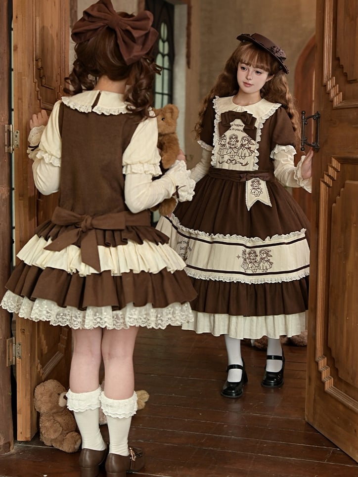 Bunny and Embroidery Tiered Dress Lamb Dropped with Waist Brown Hem Beige Lolita
