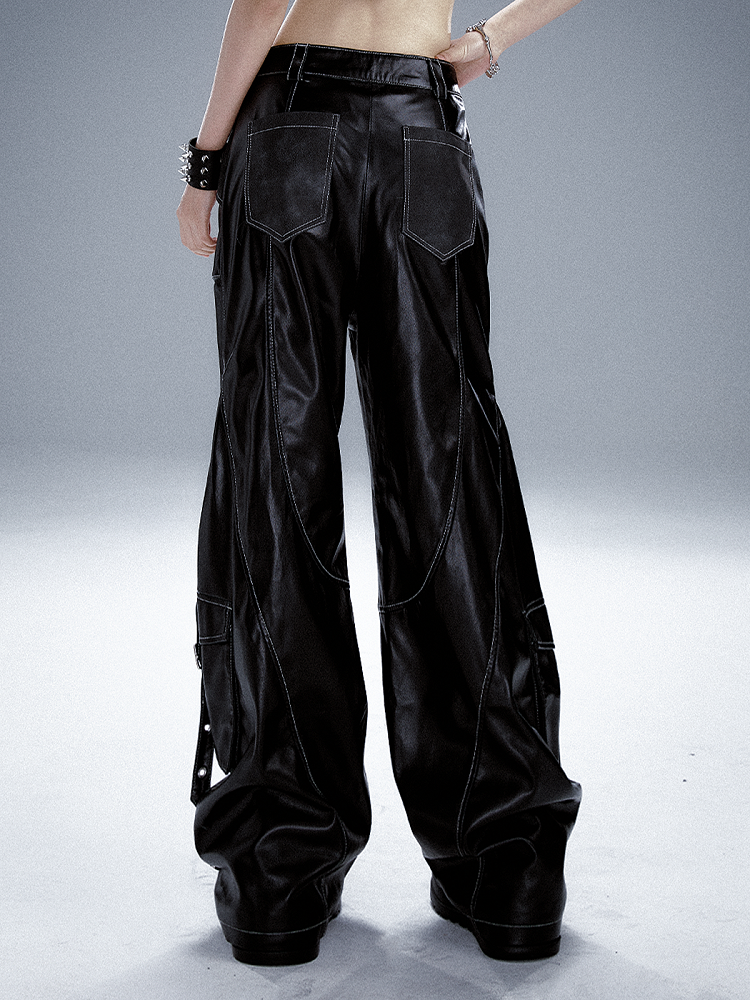 Black PU Punk Cargo Pants With Adjustable Metal Straps