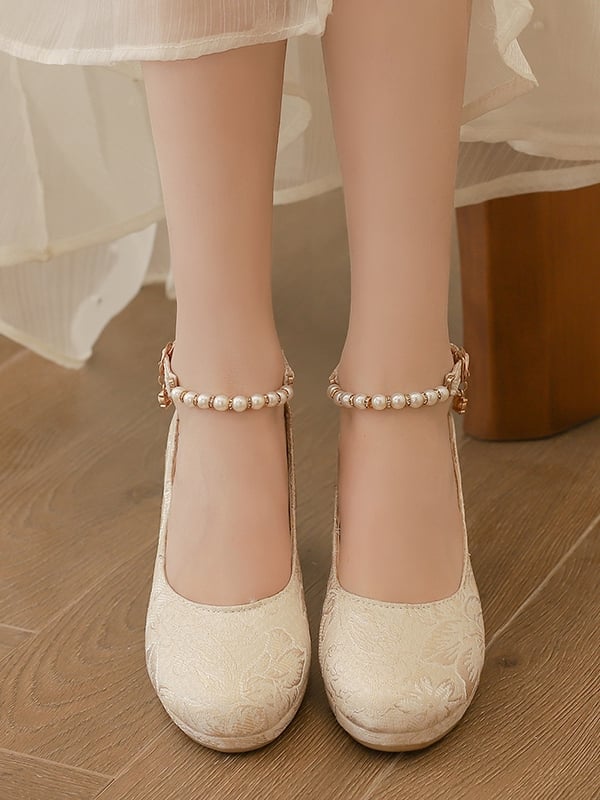Beige Block Floral Janes Beaded 5cm Pattern Mary - Heel Lolita with Strap Qi Satin