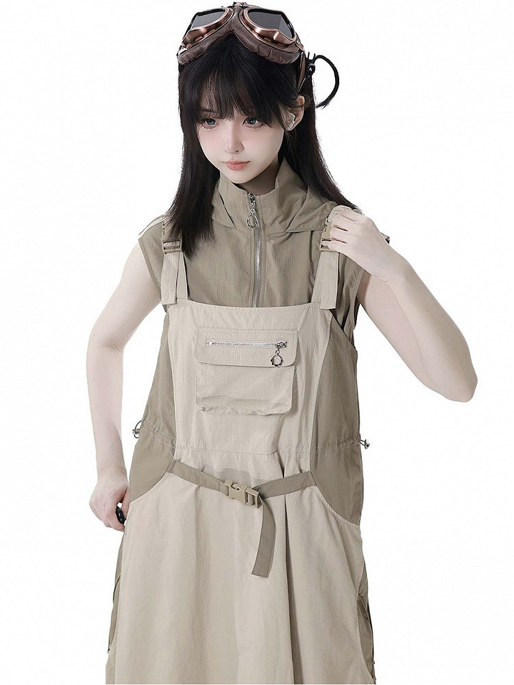 and Techwear Overall Bubble Skirt Details Khaki Snap Drawstring