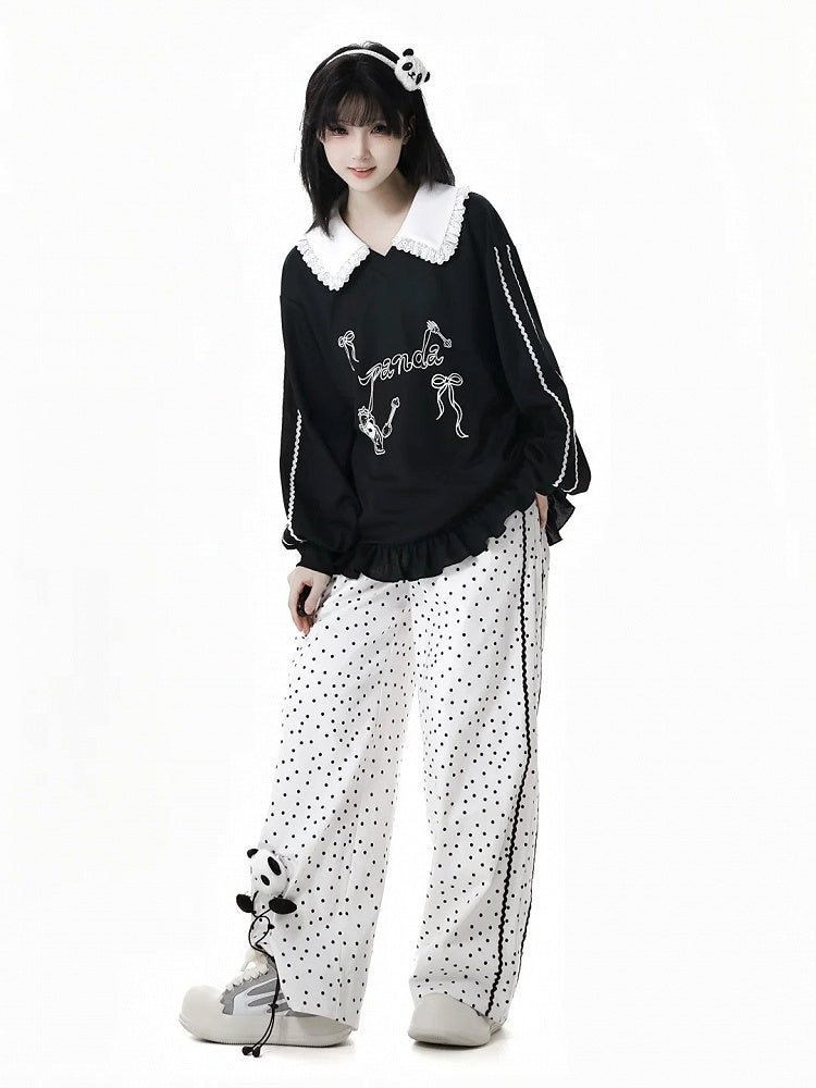 Short/Long Top Sleeves Panda Dessert Print Ruffled Pointed Flat Collar Ruffled Hem Black