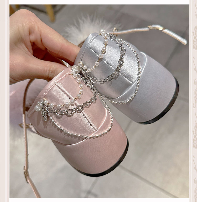 Light Pink Feather Rhinestone Bow at Top Mary Janes with Beaded Chain