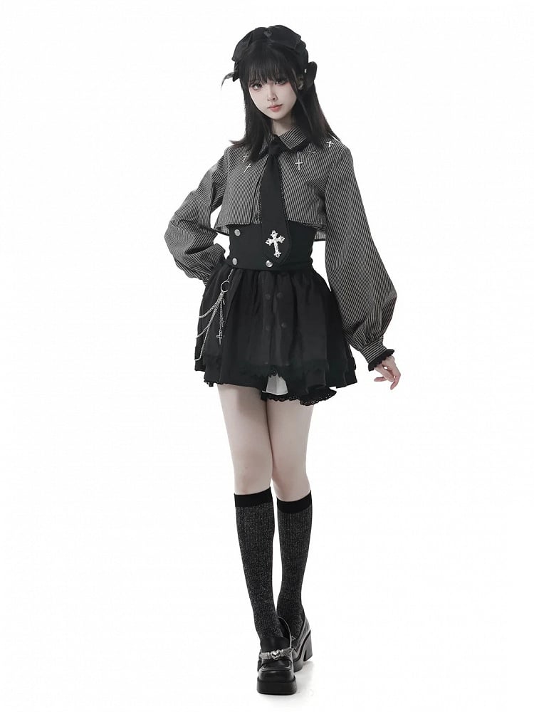 Gray Gothic Cross Black Oversized Shirt Collar Two-Piece Faux Dark Details Stripe Lace and Cuffs with |