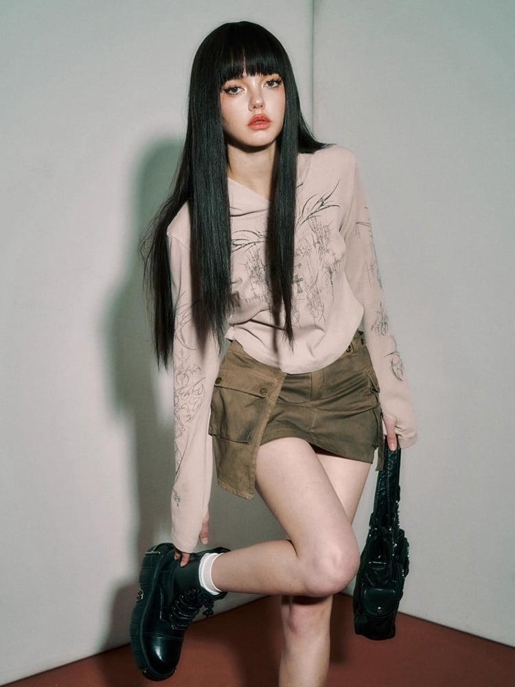 パンクロッククロススパイダーウェブキャメルサンプロテクションフード付きトップ