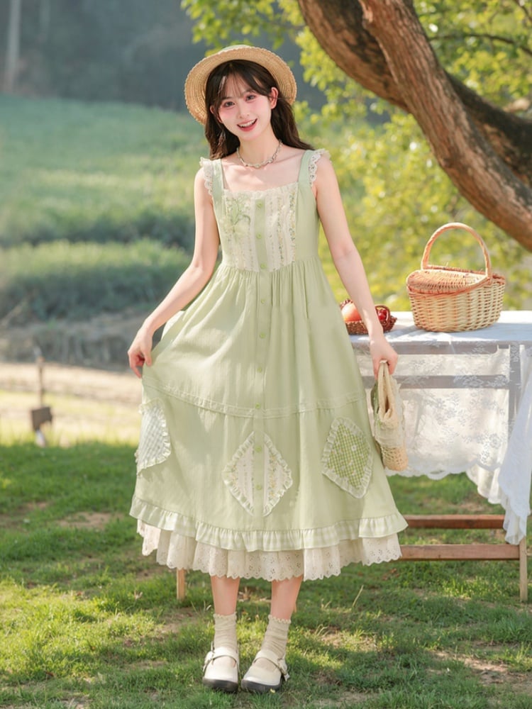 Mori Kei Green Floral Applique Sleeveless Dress