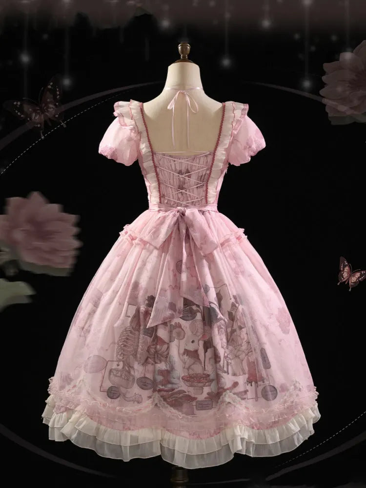 Waist Scalloped Pink Trim Bunny Edge Princess Dress Skirt Lolita Print Ruffle Basque