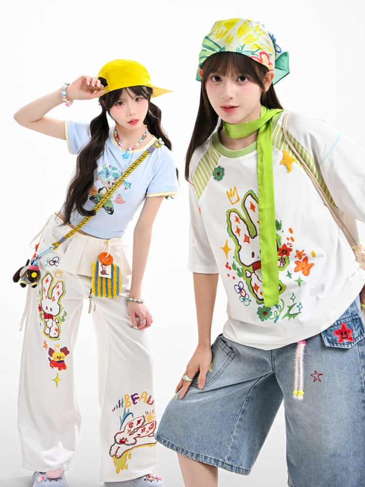 with Necklace Cartoon Girl Print Blue Round Neck Cropped T-shirt Free