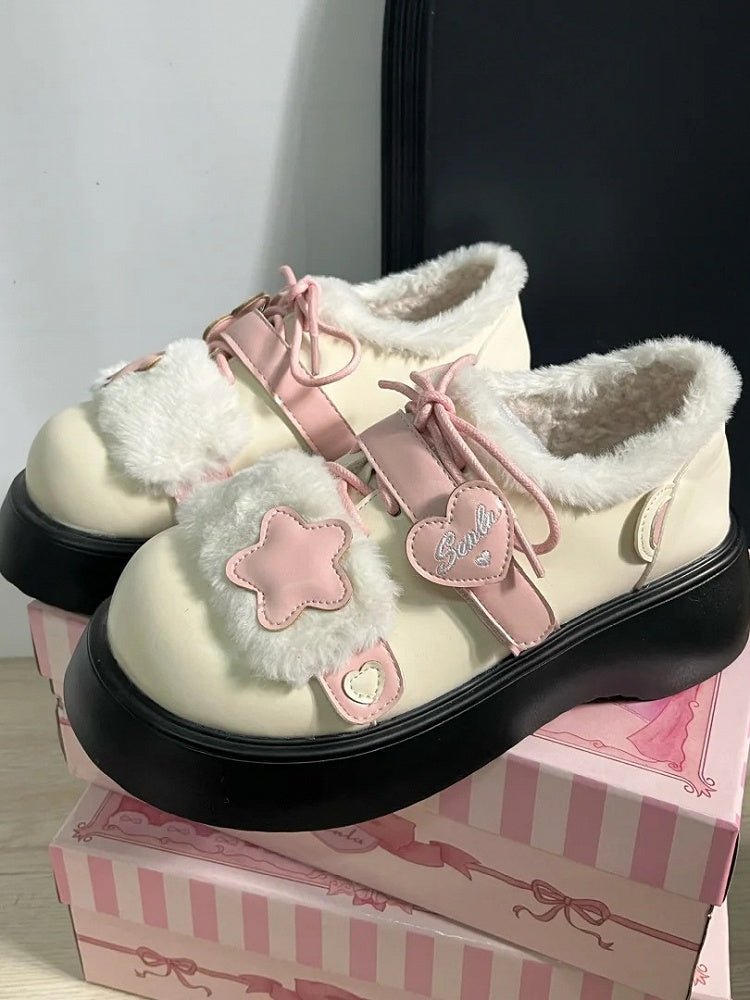 Accents Strap Design Winter Closures Beige Star Lolita Velcro Pink Fleece Lining Sweet Heart Cozy Platforms with