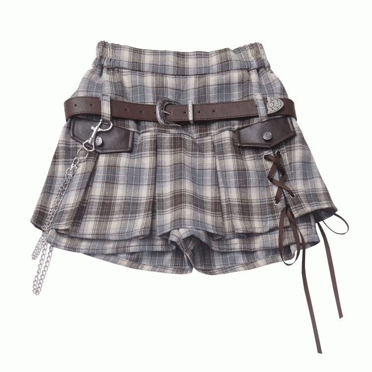 Y2K Lace-up Black Detail Plaid Skort with Buckle Belt and Chain White/ Khaki