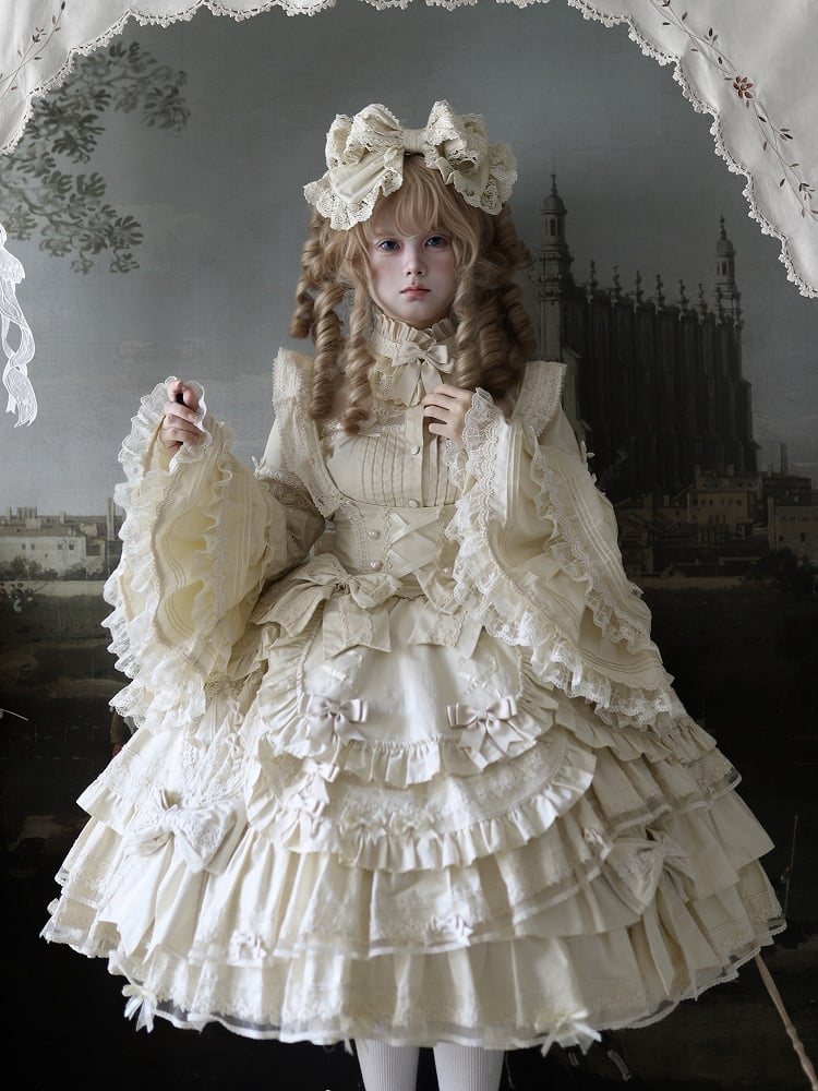 Accents Dress Beige Layered Hem Under Ruffle Sweet Lolita with Bust Bow