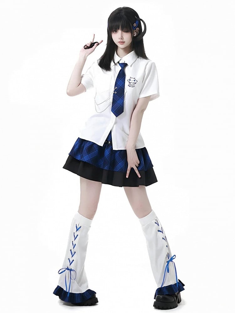 Tiered Skirt Stud Details Black and Blue Plaid Star