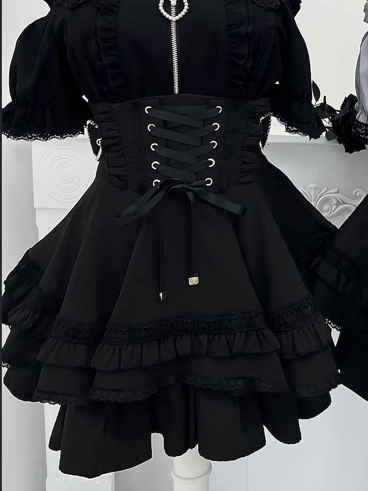 Tiered Skirt Black and Jirai Kei Heart Buckles Lace-up Front Back