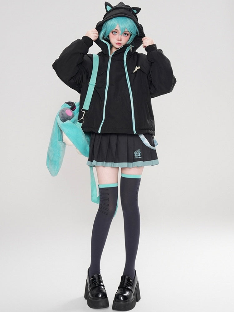 Schwarz/Rosa Reißverschlüsse Katzenohren Kapuze Dicker Reißverschluss Hoodie