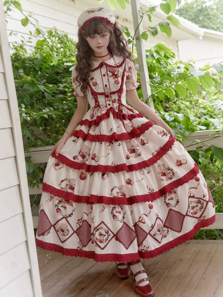 Red Apples Print Tiered Hem Cottagecore Lolita Skirt