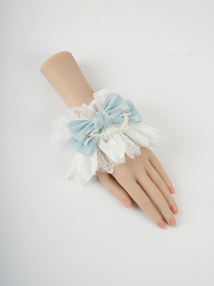 Blue Big BowRuffled Lace Trim Wrist Cuffs with Beaded Chain