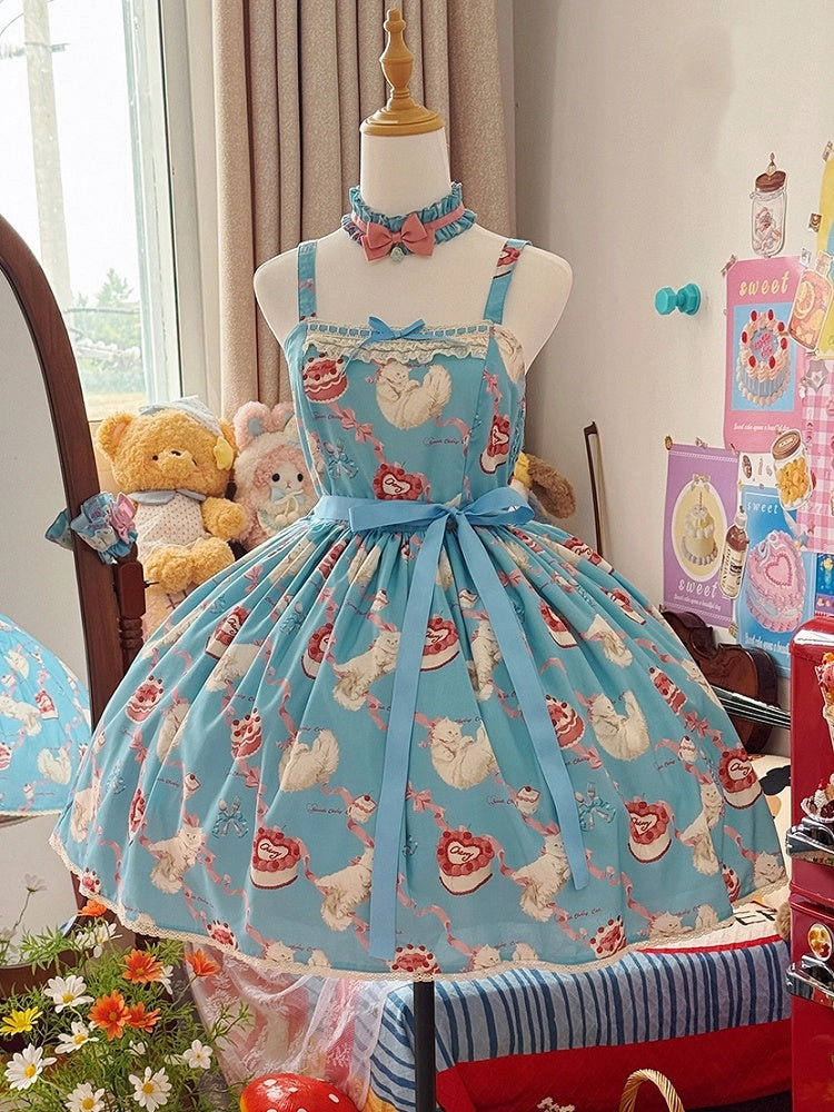 Dress Print Skirt Cute Lolita Jumper Showa Fluffy Kitty Blue Sweet