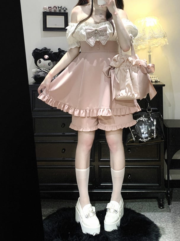 Off-the-shoulder Neckline Mini Dress and Shorts Set Jirai Kei Black/Pink/Blue