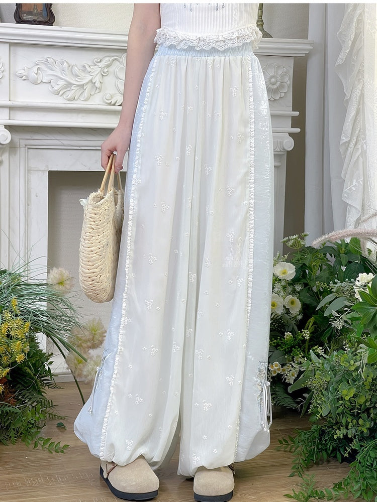 Version Cuffs Holiday Blue and White Colorblock Design Wide-Leg Pants Butterfly Embroidery Regular/Short