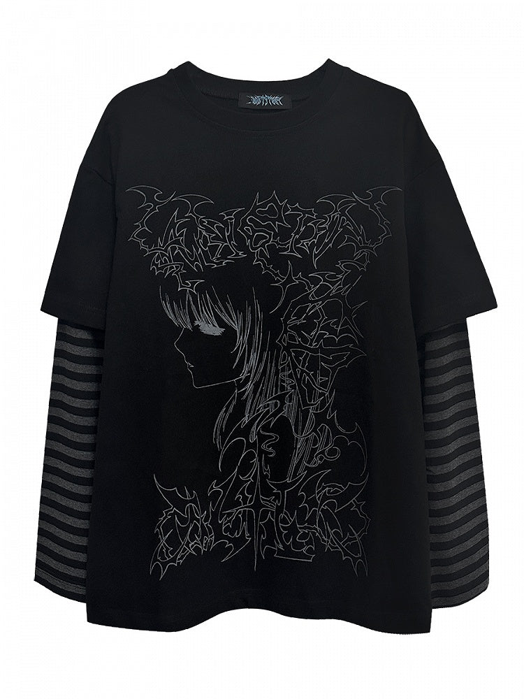 Schwarzes T-Shirt mit Grafik und gestreiften Ärmeln im Emo-Punk-Girl-Stil