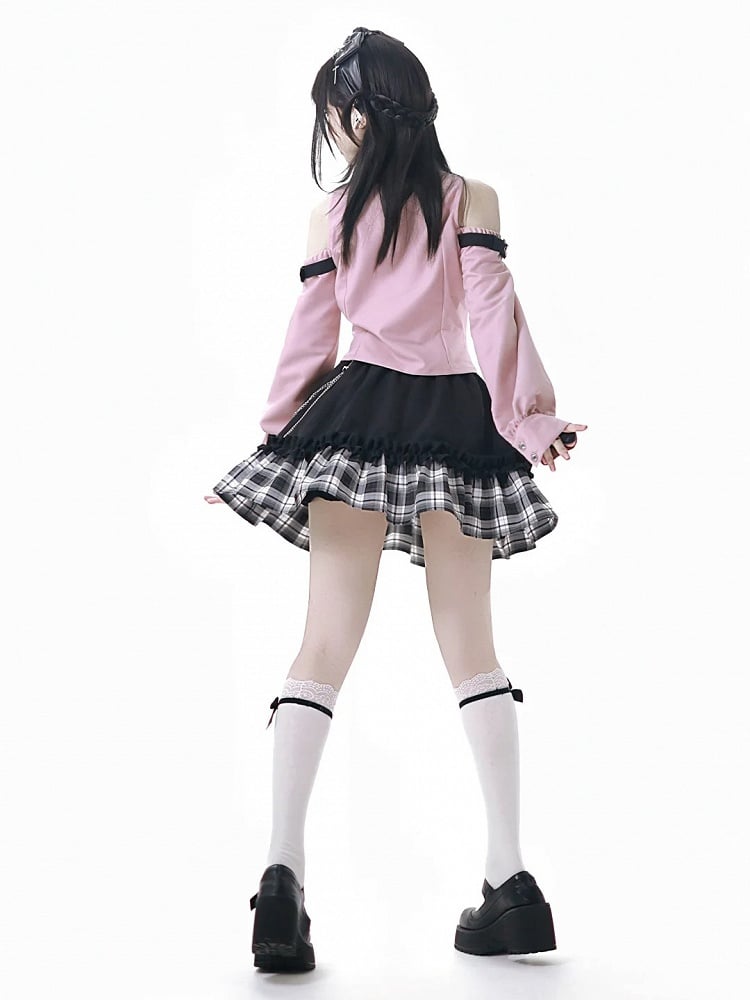 Chain Idol with Detachable Tiered Plaid Skirt Belt Black Waist Punk