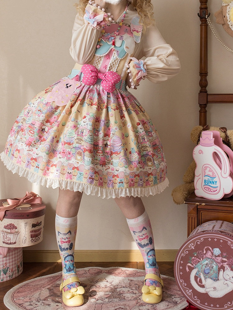 Desserts Gummy Sweet Dress Print and Overall Bear Yellow Lolita