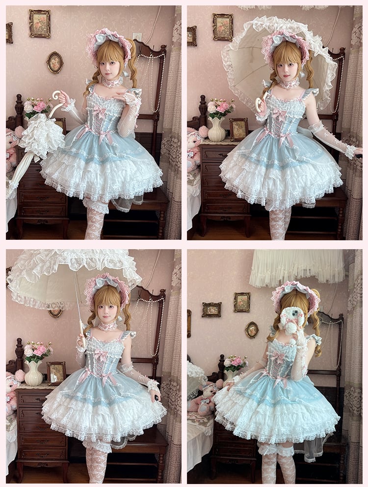 Leichter Stufenrock Blau Balletcore Sweet Lolita Pullover Flatterärmel Dreilagig