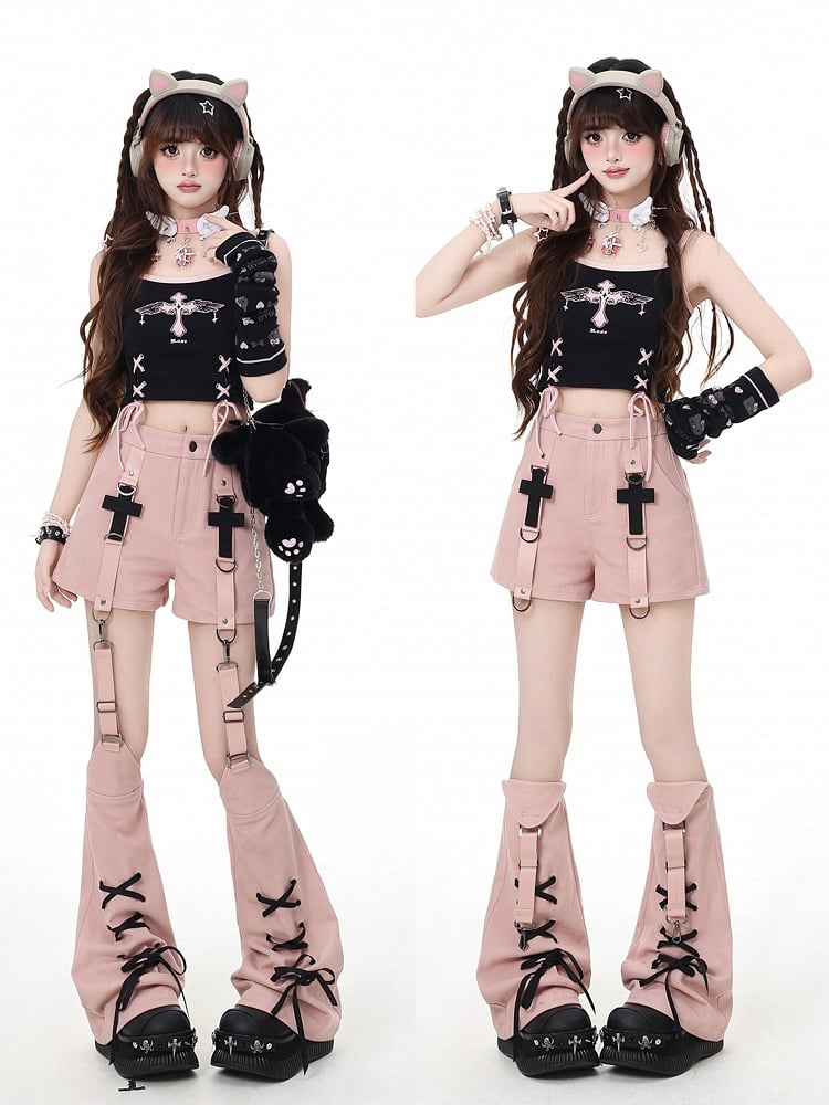 Leg Warmers Pink Cross Embellished Shorts with Lace-up Detail Detachable