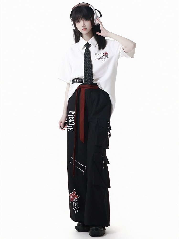 Straight-leg Cargo Black Double Zippers Drawstring Cuffs Pants