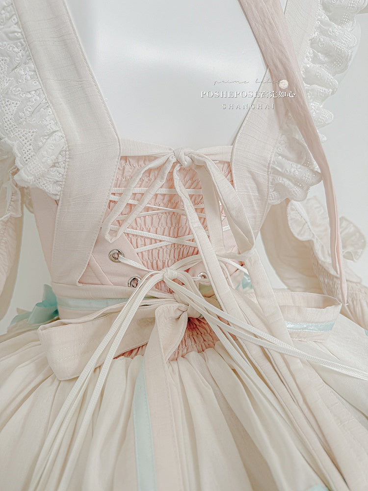 Pink and Mint Green Sweet Maid Apron + Basque Waist Tiered Ruffles Hem Strapless Puffy Dress