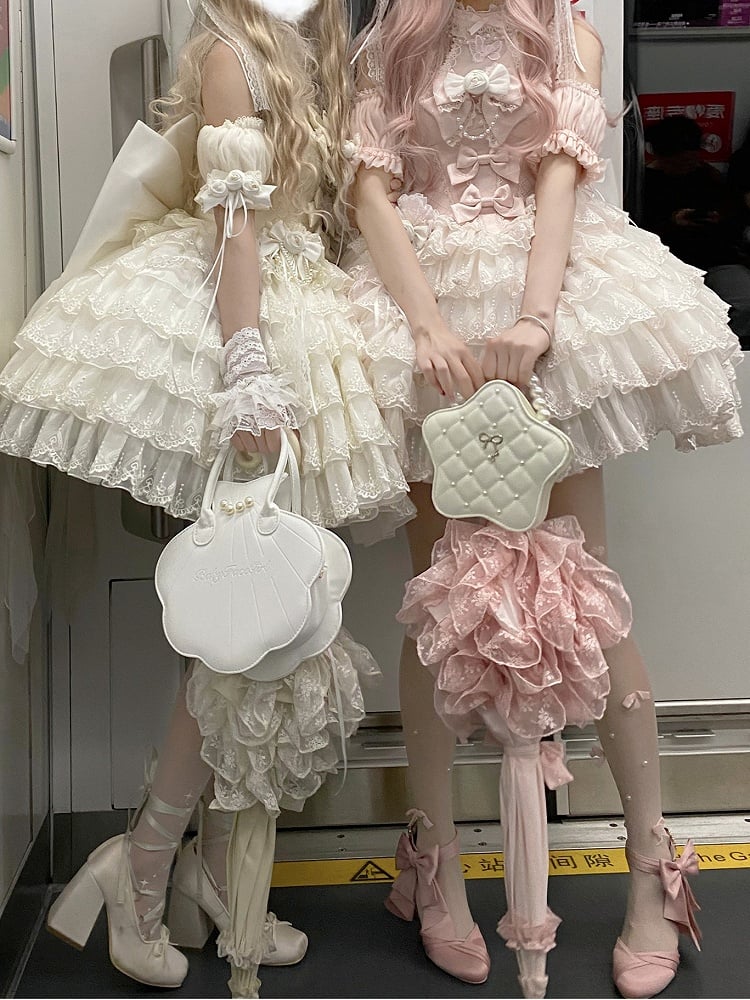Mehrlagiges Lolita-Ballettkleid mit herzförmigem Prinzessinnen-Saum und rosa Ausschnitt und Rüschen