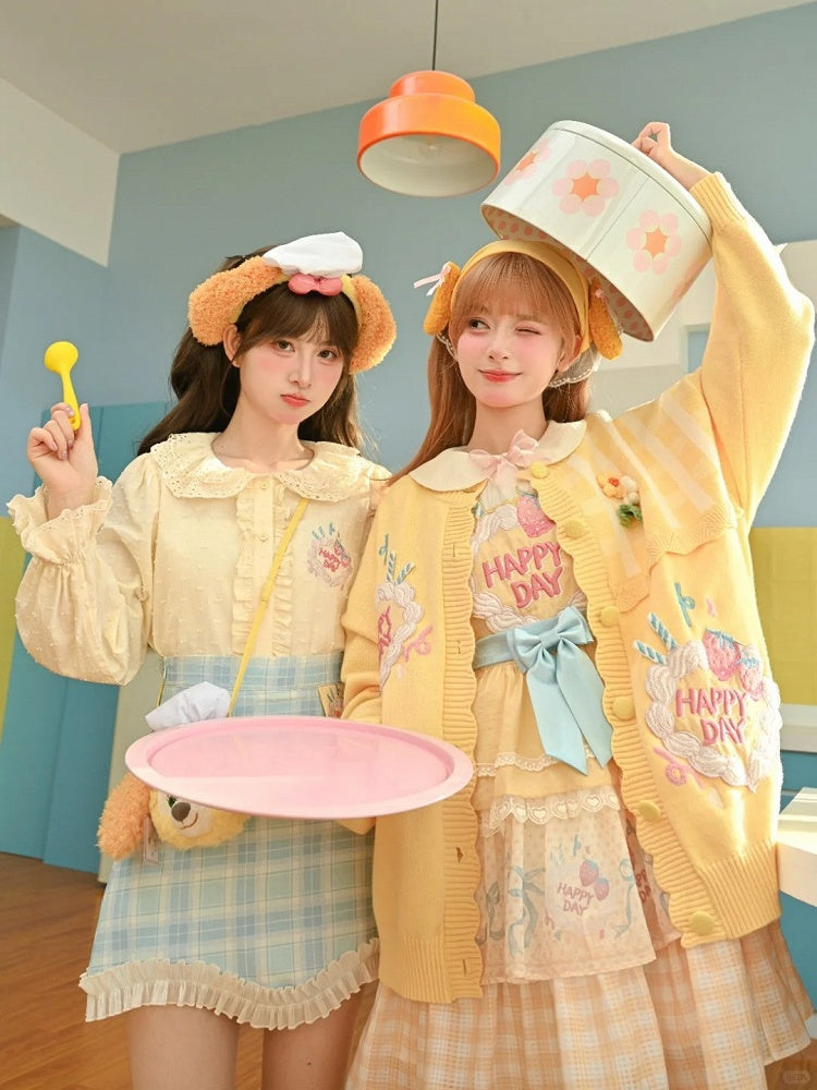 Kawaii Yellow Knitted Cardigan Floral Accents Creamy Yume Strawberry Cake Embroidered