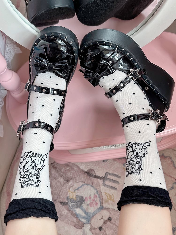 Socks Calf Girl Lolita Pattern Black/Pink Polka-dot Anime