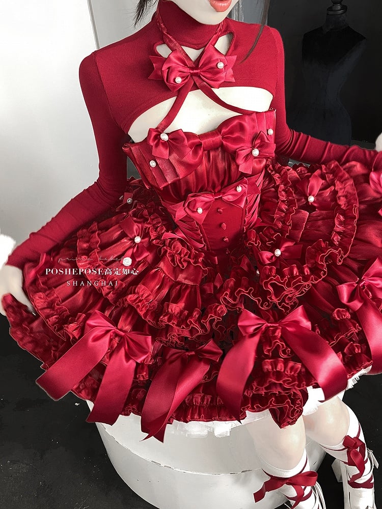 Rotes Weihnachtsoutfit, baskische Taille, Satinschleifen, trägerloses Puffkleid, kurzes Oberteil, komplettes Set