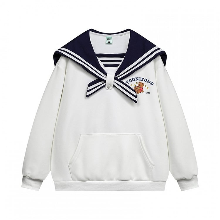 Hellgelb/Weiß/Marineblauer süßer Bären-Plüsch-Kapuzenpullover mit Matrosenkragen