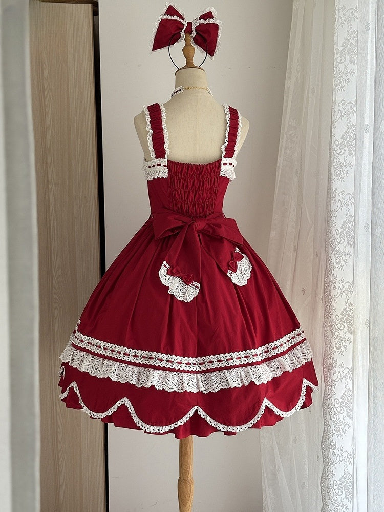 Randbesatzrock, alter Pullover, Schule, gewellter Saum, rotes Lolita-Kleid