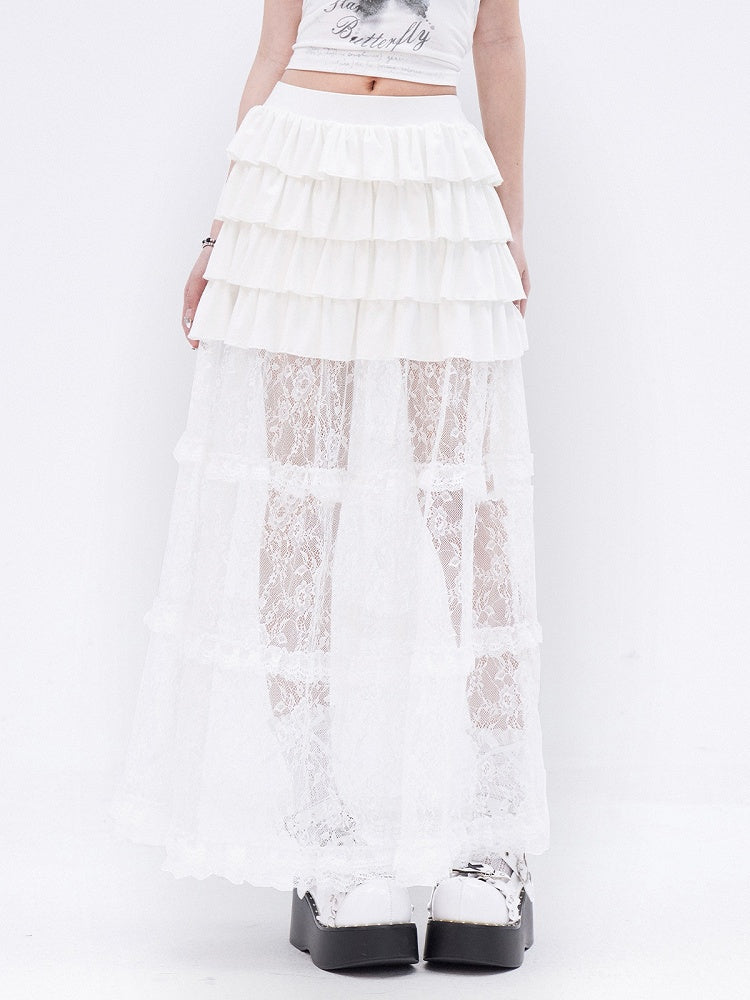 Long White Lace Skirt Hem Ruffle Tiered