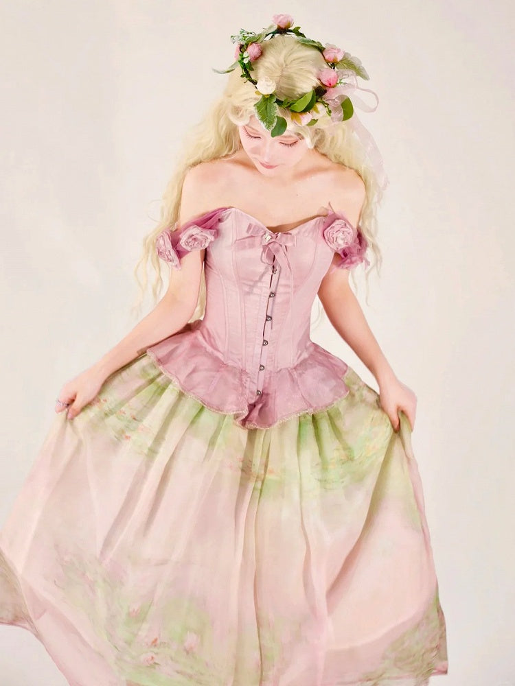 Boned Corset Top with Detachable Floral Adornments Hem Flounce Pink