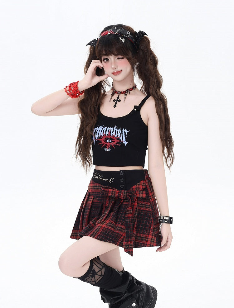 Glamorous Waist Bowknot Mini Pleated Skirt Red Plaid High
