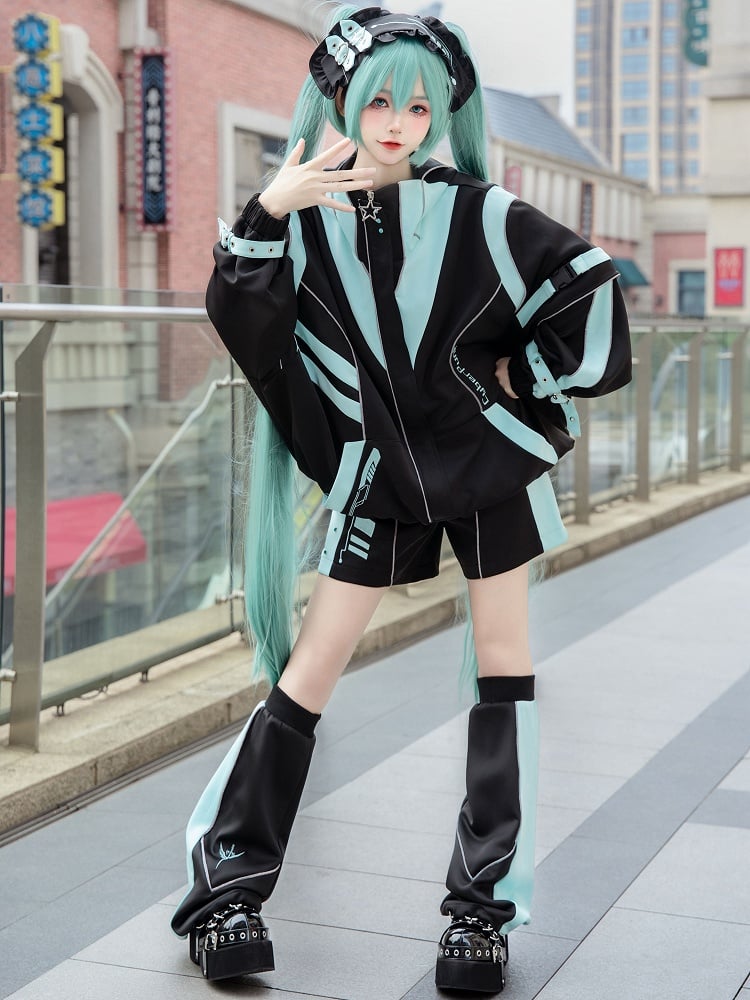 Schwarzes und grünes Cyberpunk-Jirai-Kei-Outfit – Kapuzenjacke, Shorts, Beinwärmer, Kopfbedeckung, komplettes Set
