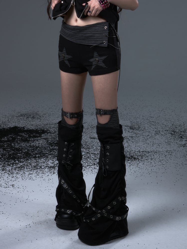 Lace-Up Black Leg Belts Warmers Punk with Studded Metal Knit