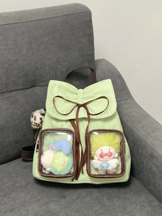 Bow Drawstring Charming Backpack With Kawaii Green Mini Ita